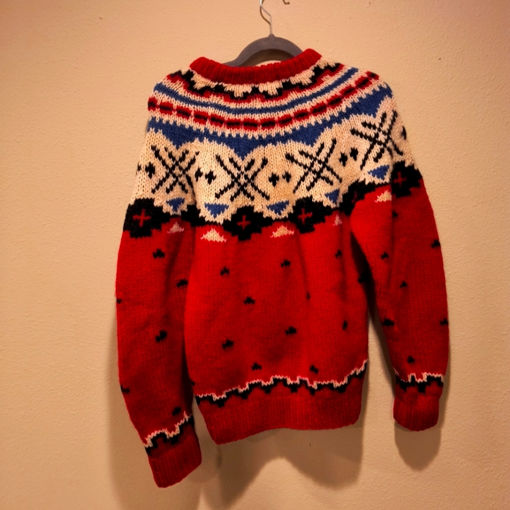 Woolrich Vintage Wool Red and Blue Crewneck Sweater with Nordic Pattern